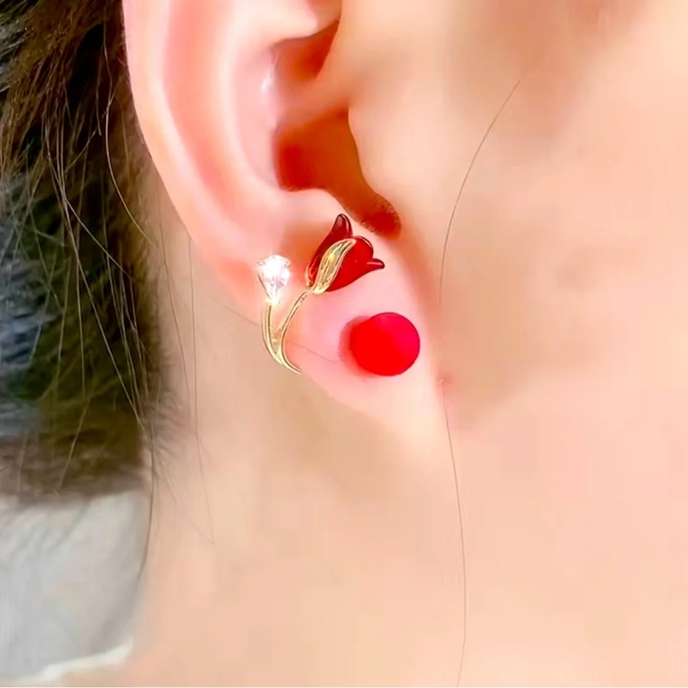 Red flower‎ faux pearl gold plated earrings faux fashion jewelry